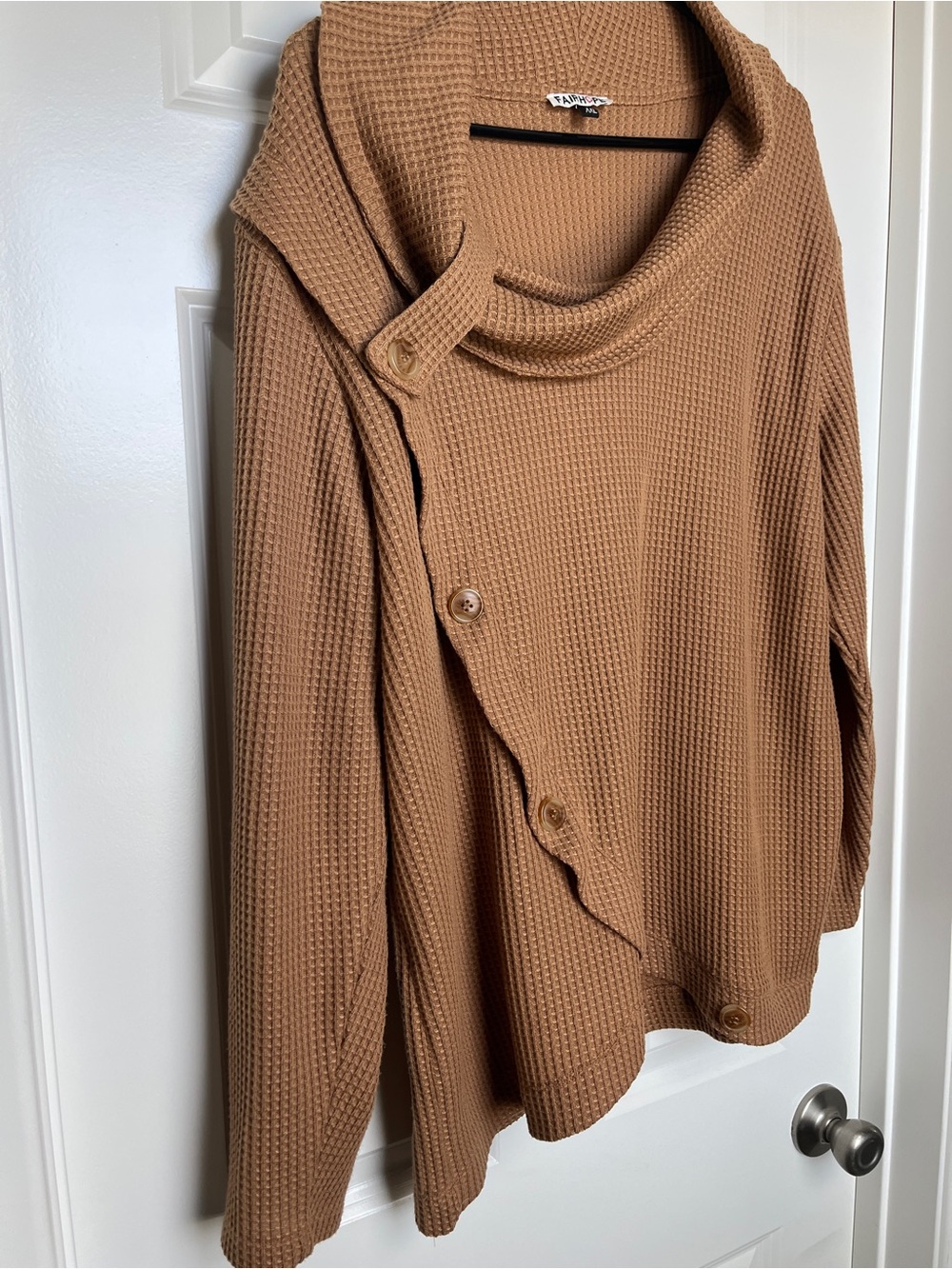 Waffle-Knit Camel Cowl Sweater with Button Placket